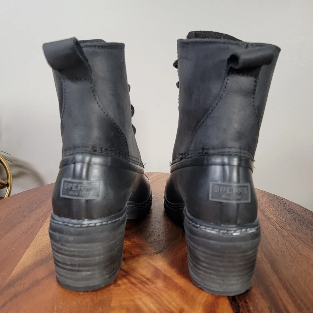 Sperry Saltwater Heel Rain Boots Women's Black Leather Lace-Up Duck Boot Size 5
